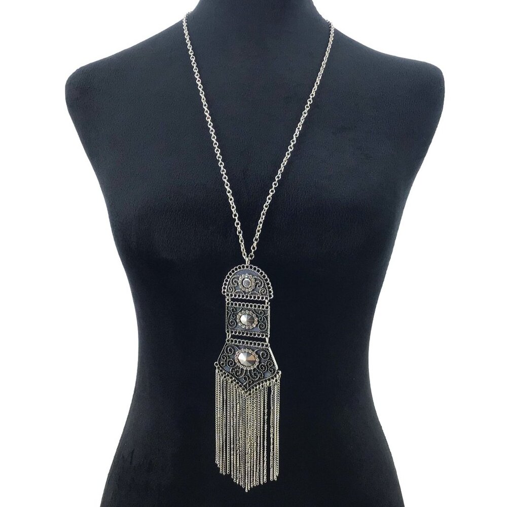 Paparazzi Tassel Tycoon Necklace Chain Fringe Vintage Style Antique Silver Tone